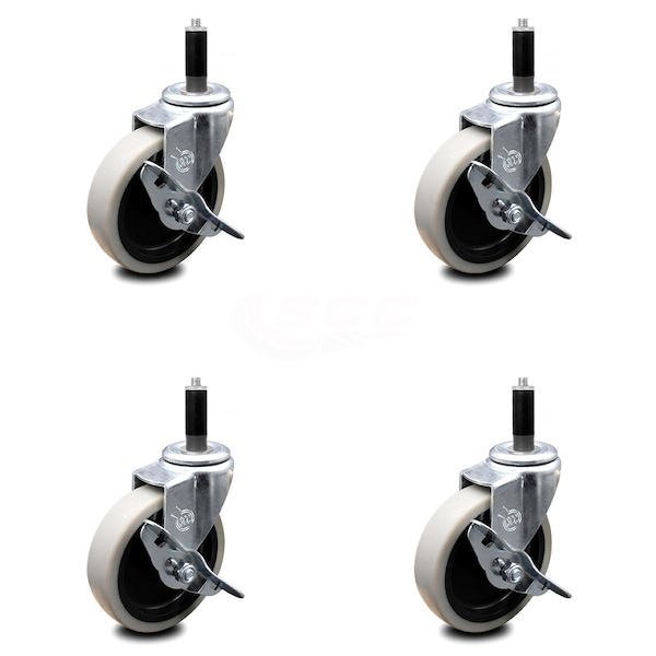 4 Inch Thermoplastic Wheel 1 Inch Expanding Stem Caster with Brakes, 4PK